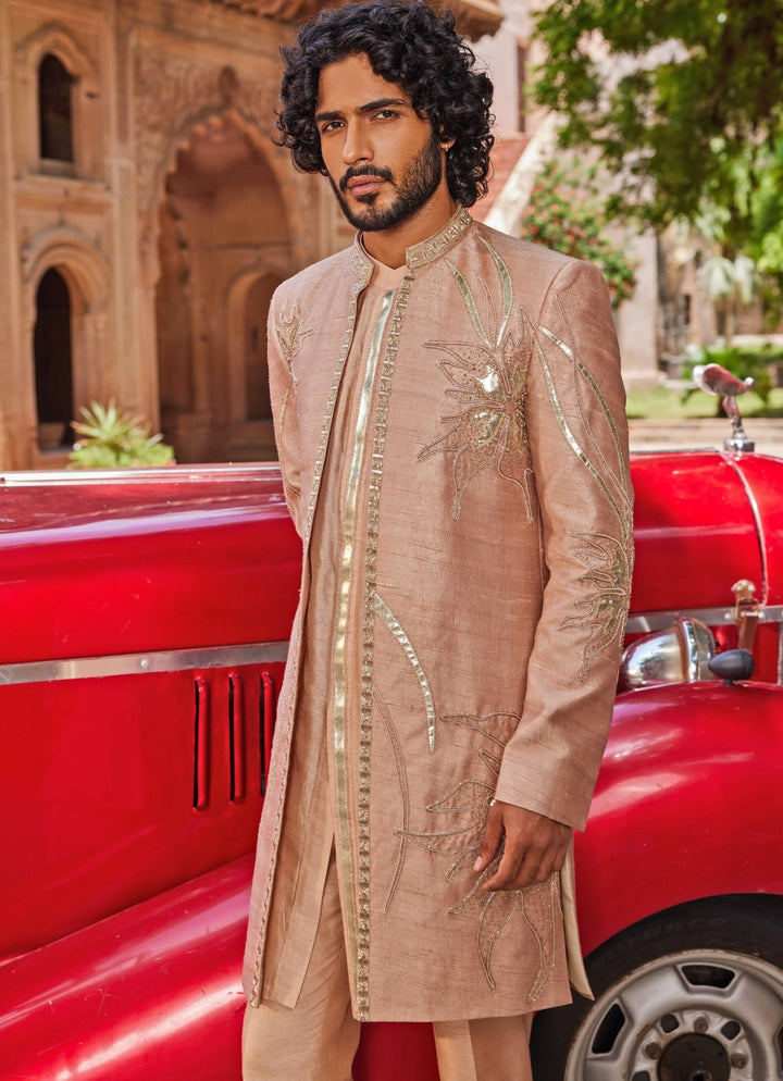 Rose Brown Applique Sherwani Set Contrast By Parth - Fabilicious Fashion