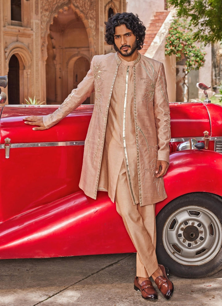 Rose Brown Applique Sherwani Set Contrast By Parth - Fabilicious Fashion