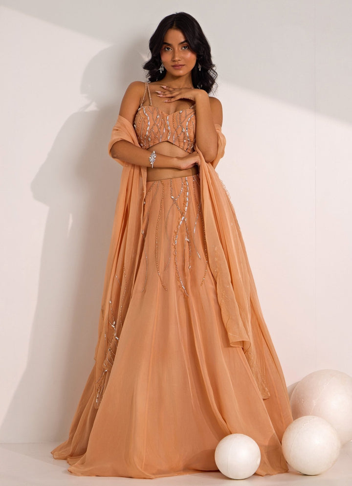Rose Gold Embellished Organza Lehenga Set Silky Bindra - Fabilicious Fashion