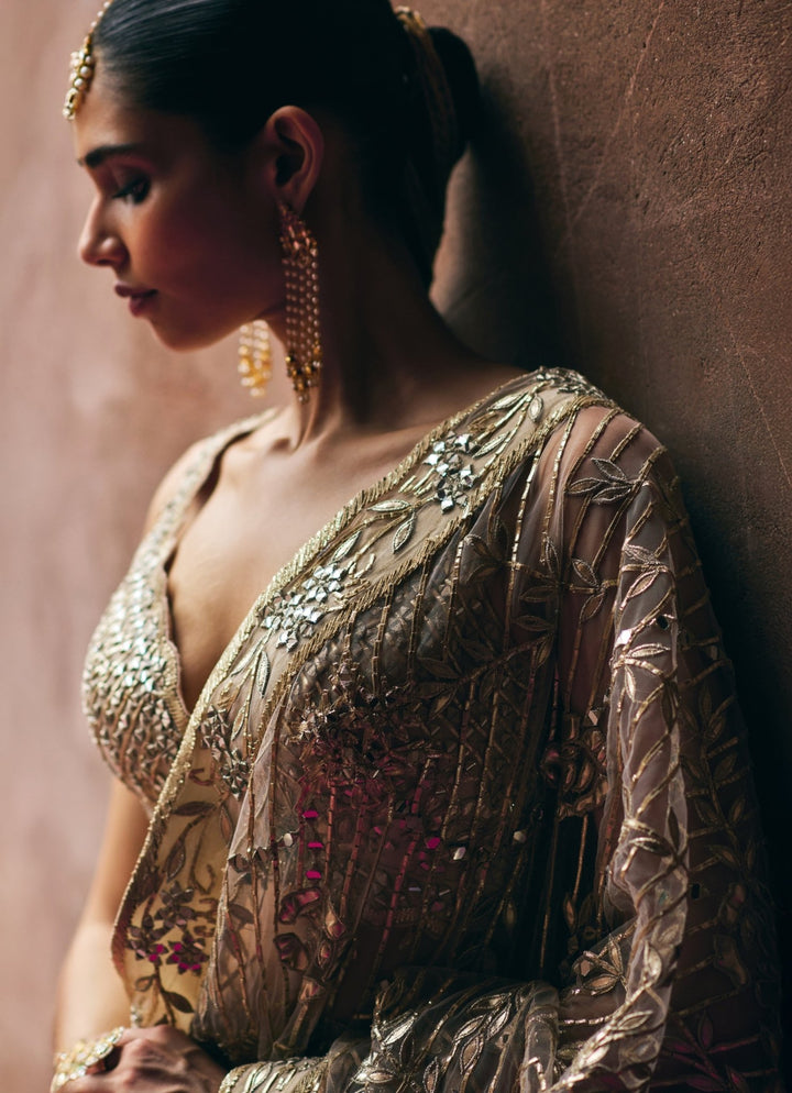 Rose Gold Soft Net Saree With Crystal Blouse Angad Singh - Fabilicious Fashion