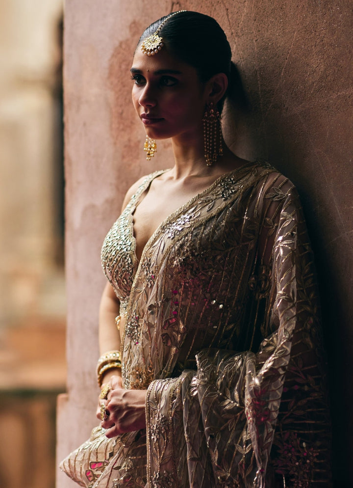 Rose Gold Soft Net Saree With Crystal Blouse Angad Singh - Fabilicious Fashion