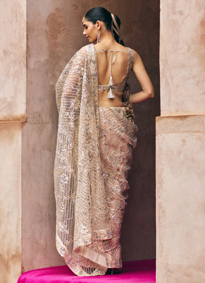 Rose Gold Soft Net Saree With Crystal Blouse Angad Singh - Fabilicious Fashion