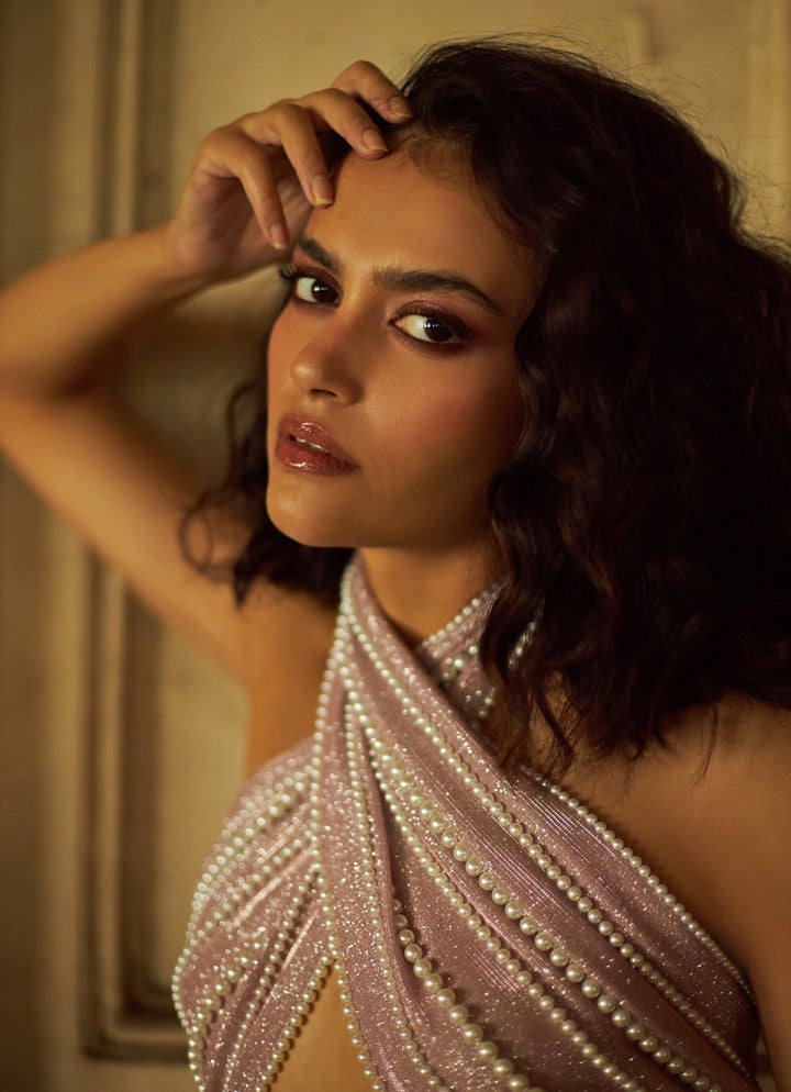 Rose Pink Glitter and Pearl Skirt Set Duara - Fabilicious Fashion