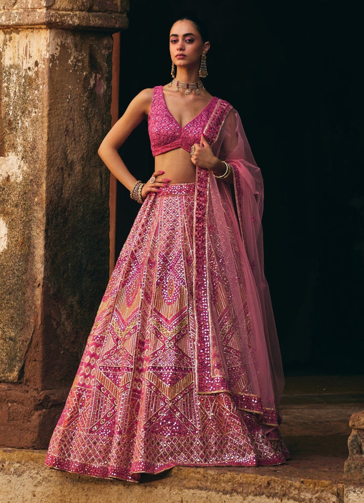 Rose Pink Organza Lehenga Set Angad Singh - Fabilicious Fashion