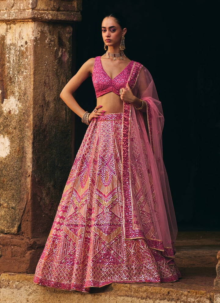 Rose Pink Organza Lehenga Set Angad Singh - Fabilicious Fashion