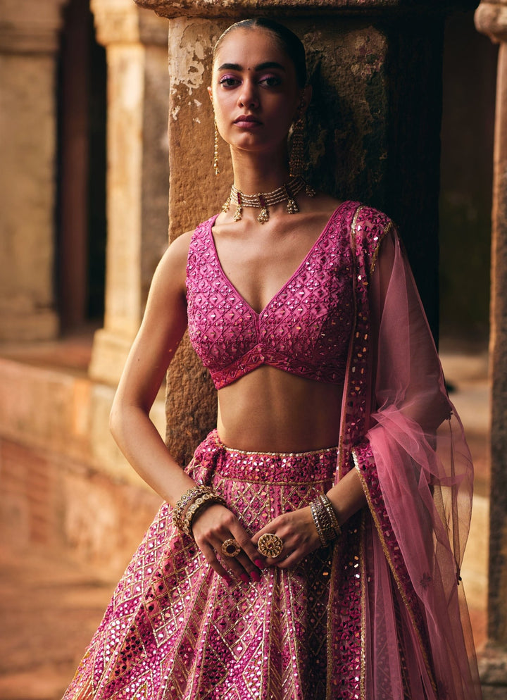 Rose Pink Organza Lehenga Set Angad Singh - Fabilicious Fashion