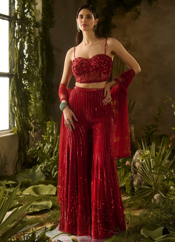 Rouge Red Organza Blouse Pant Set Parul Gandhi - Fabilicious Fashion