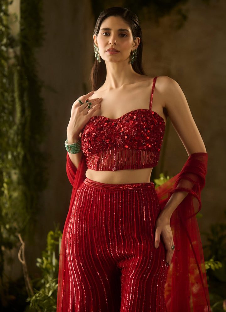 Rouge Red Organza Blouse Pant Set Parul Gandhi - Fabilicious Fashion