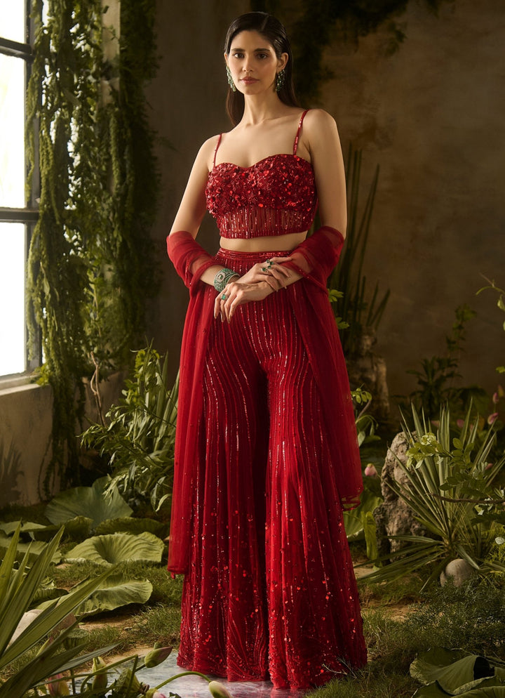 Rouge Red Organza Blouse Pant Set Parul Gandhi - Fabilicious Fashion