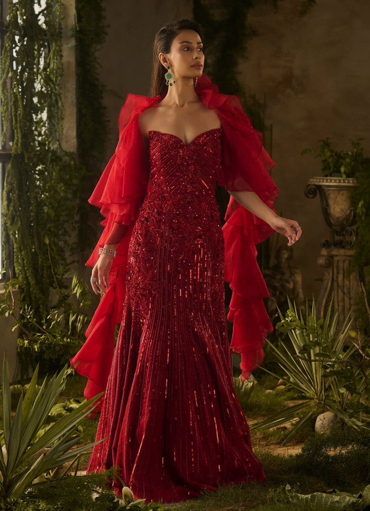 Rouge Red Sequinned Gown With Ruffled Dupatta Parul Gandhi - Fabilicious Fashion