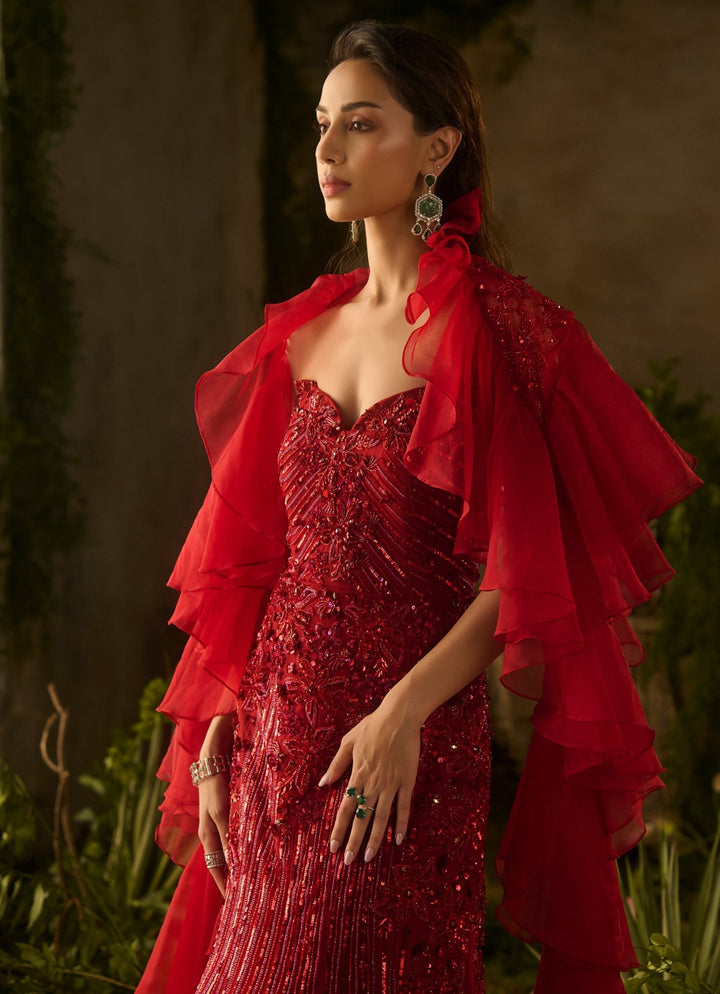 Rouge Red Sequinned Gown With Ruffled Dupatta Parul Gandhi - Fabilicious Fashion