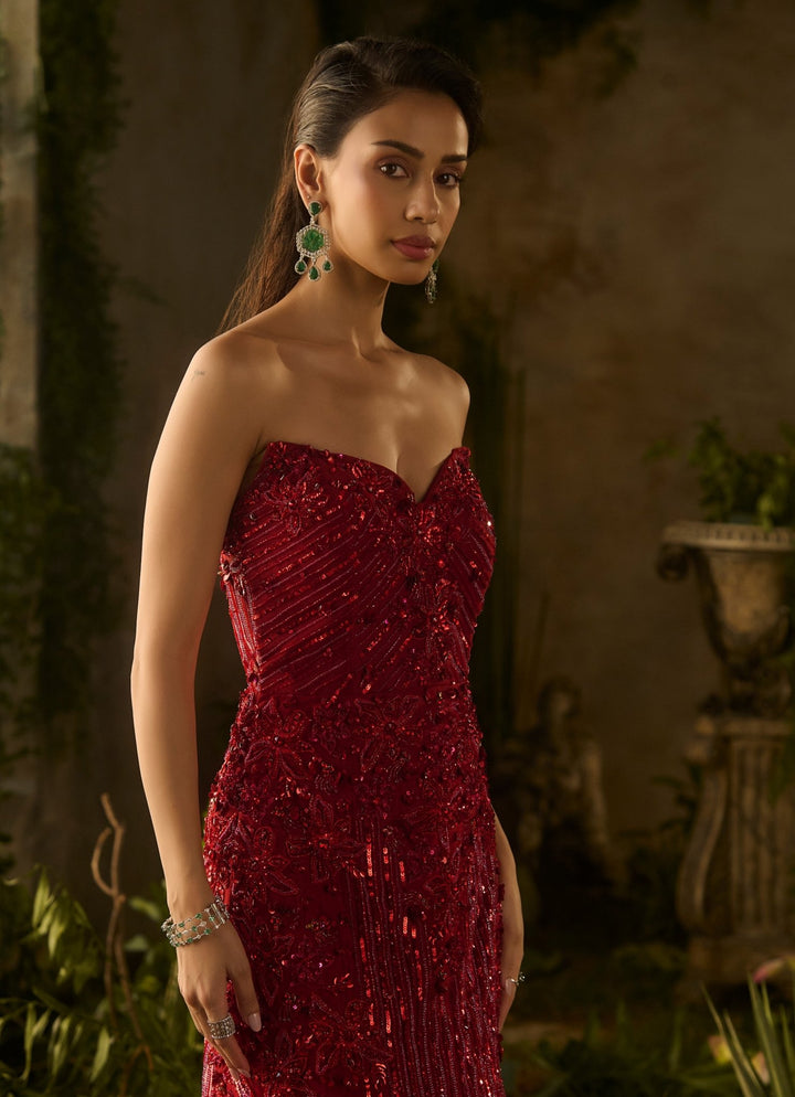Rouge Red Sequinned Gown With Ruffled Dupatta Parul Gandhi - Fabilicious Fashion