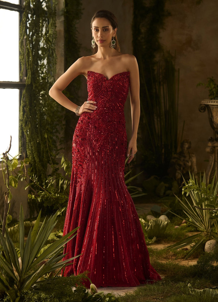 Rouge Red Sequinned Gown With Ruffled Dupatta Parul Gandhi - Fabilicious Fashion