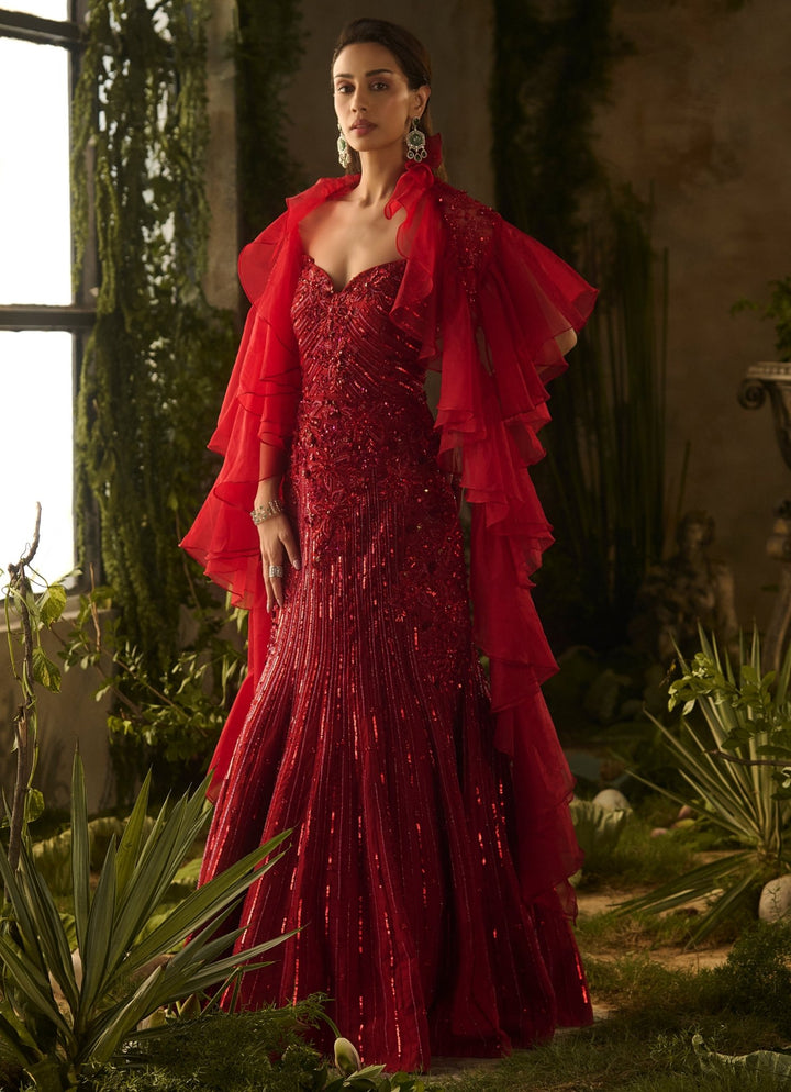 Rouge Red Sequinned Gown With Ruffled Dupatta Parul Gandhi - Fabilicious Fashion