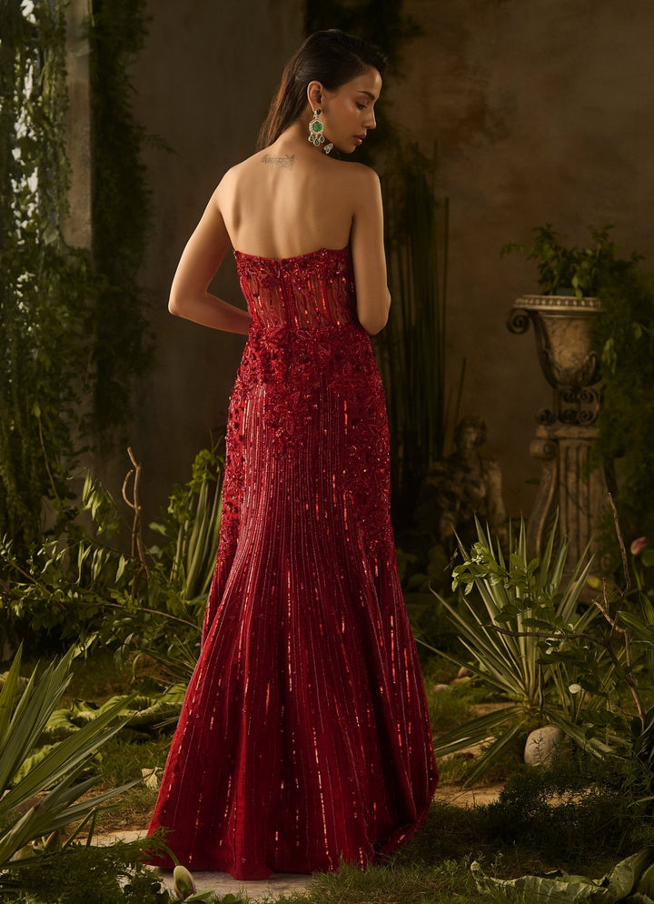 Rouge Red Sequinned Gown With Ruffled Dupatta Parul Gandhi - Fabilicious Fashion