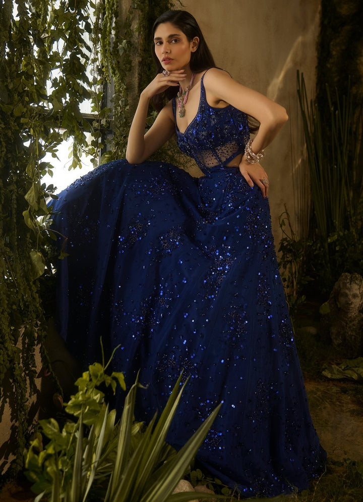 Royal Blue Sequinned Lehenga Set Parul Gandhi - Fabilicious Fashion