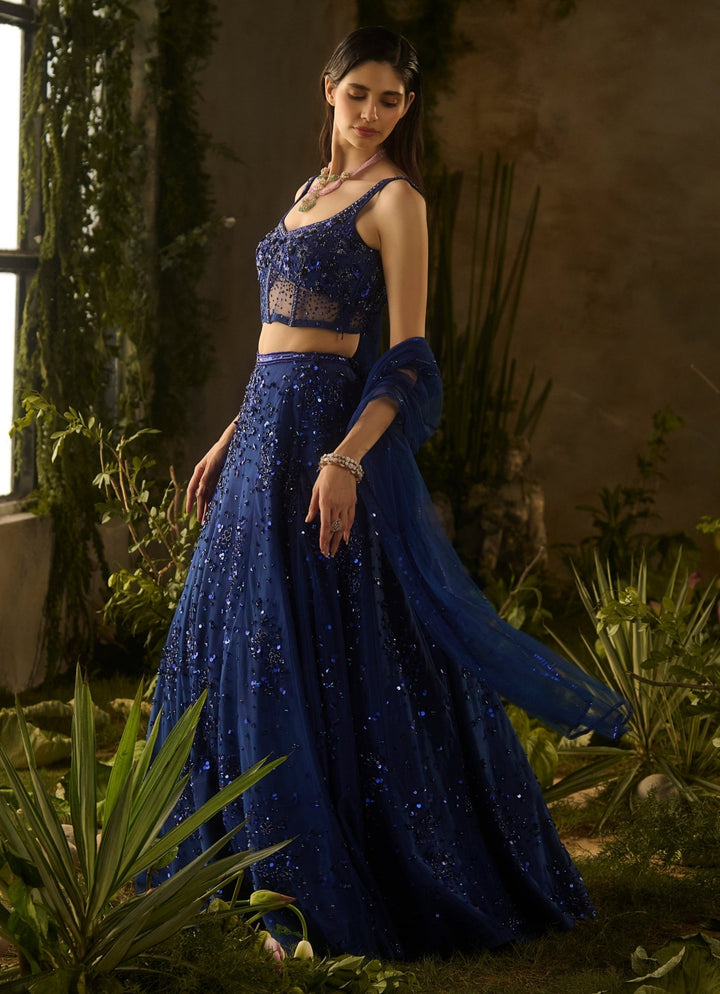 Royal Blue Sequinned Lehenga Set Parul Gandhi - Fabilicious Fashion