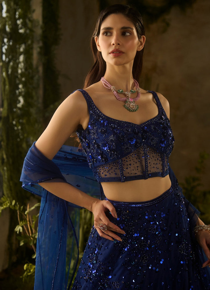Royal Blue Sequinned Lehenga Set Parul Gandhi - Fabilicious Fashion