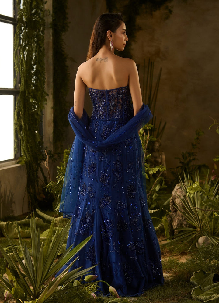 Royal Blue Sequinned Strapless Gown With Dupatta Parul Gandhi - Fabilicious Fashion