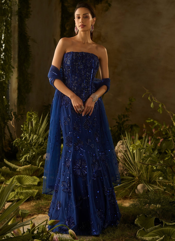 Royal Blue Sequinned Strapless Gown With Dupatta Parul Gandhi - Fabilicious Fashion