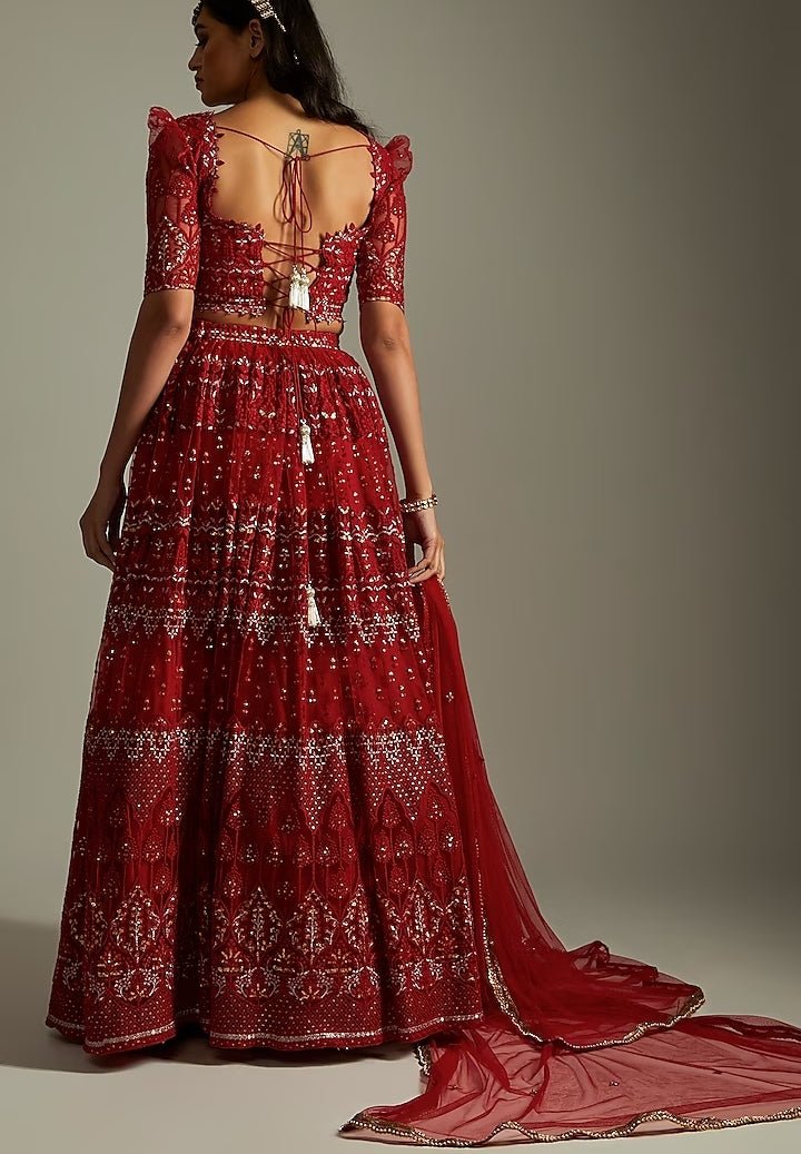 Ruby Red Embroidered Kalidar Lehenga Set Renee Label - Fabilicious Fashion