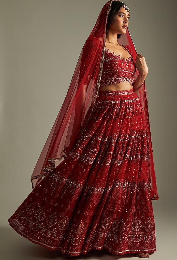 Ruby Red Embroidered Kalidar Lehenga Set Renee Label - Fabilicious Fashion