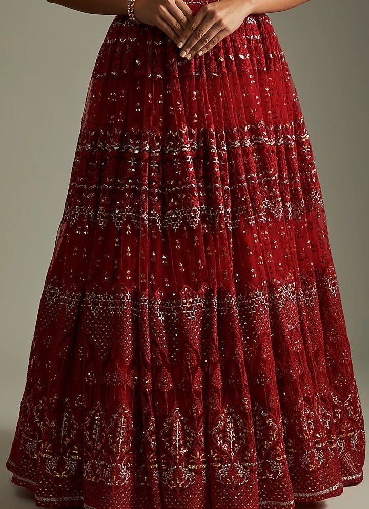 Ruby Red Embroidered Kalidar Lehenga Set Renee Label - Fabilicious Fashion