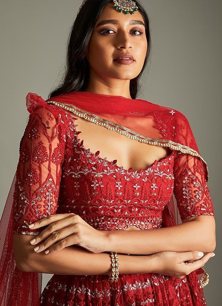Ruby Red Embroidered Kalidar Lehenga Set Renee Label - Fabilicious Fashion