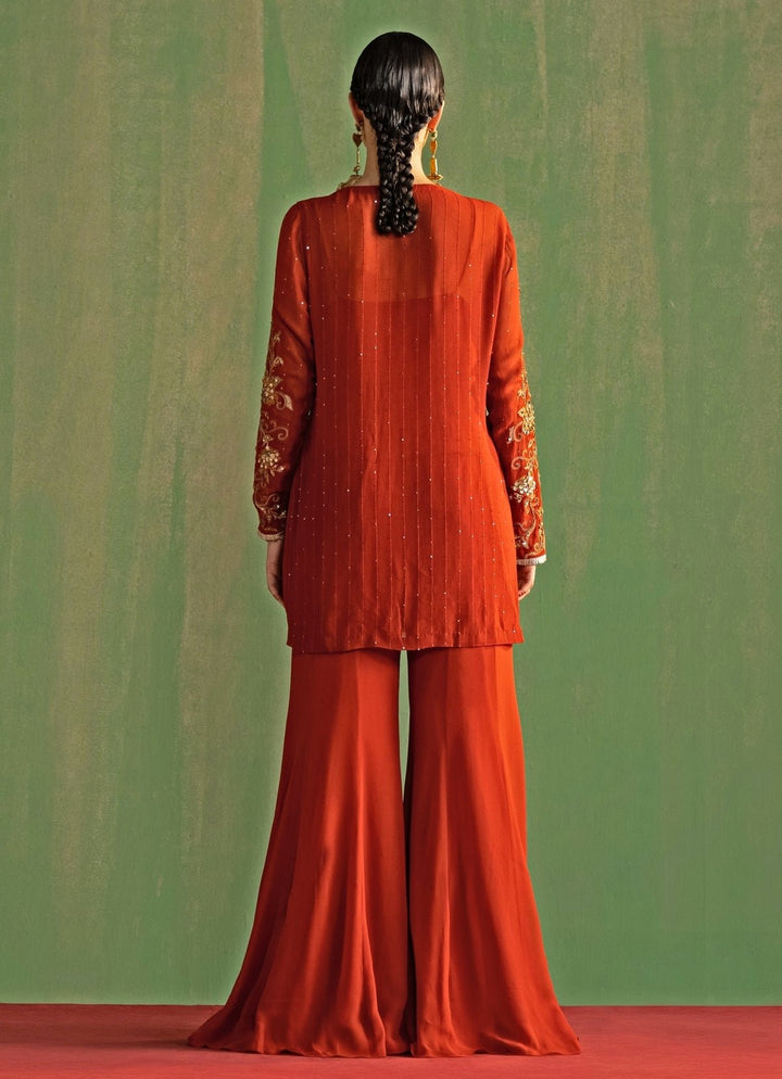 Rust Embroidered Georgette Kurta Sharara Set Studio Bagechaa - Fabilicious Fashion