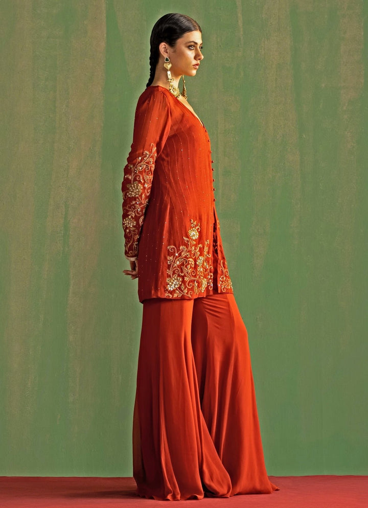 Rust Embroidered Georgette Kurta Sharara Set Studio Bagechaa - Fabilicious Fashion
