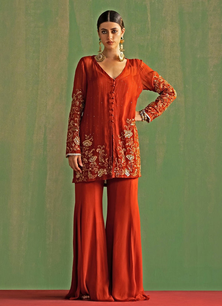 Rust Embroidered Georgette Kurta Sharara Set Studio Bagechaa - Fabilicious Fashion