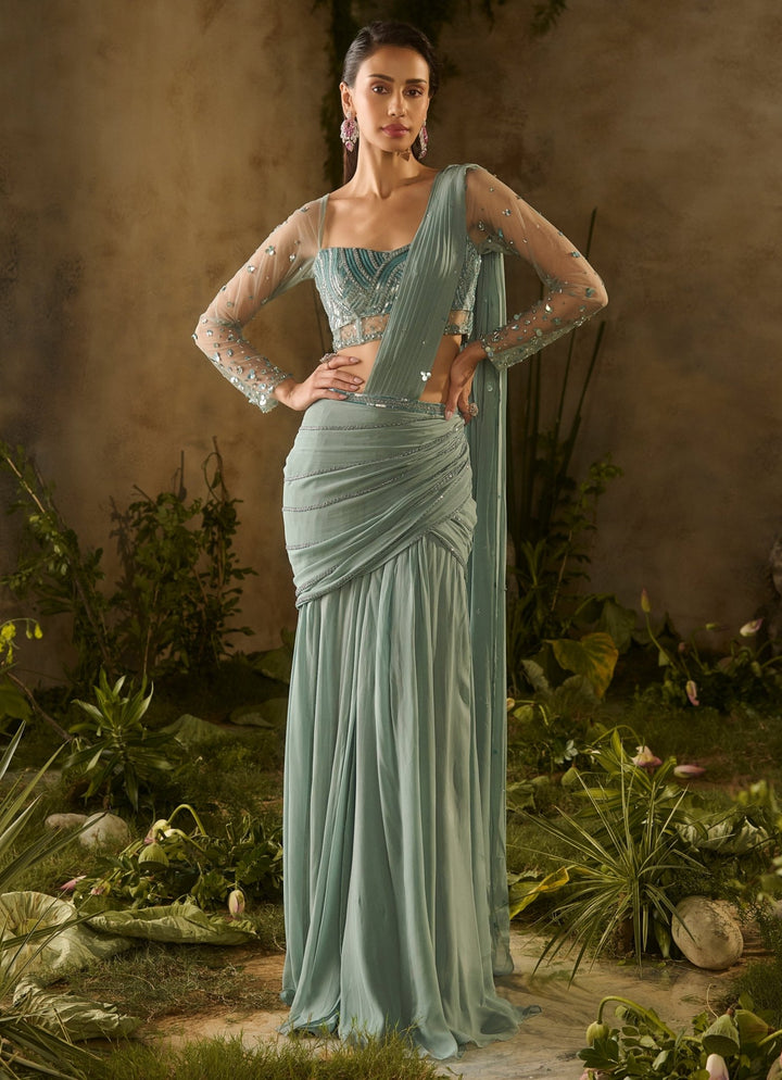 Sea Green Georgette Predraped Sequinned Saree Parul Gandhi - Fabilicious Fashion