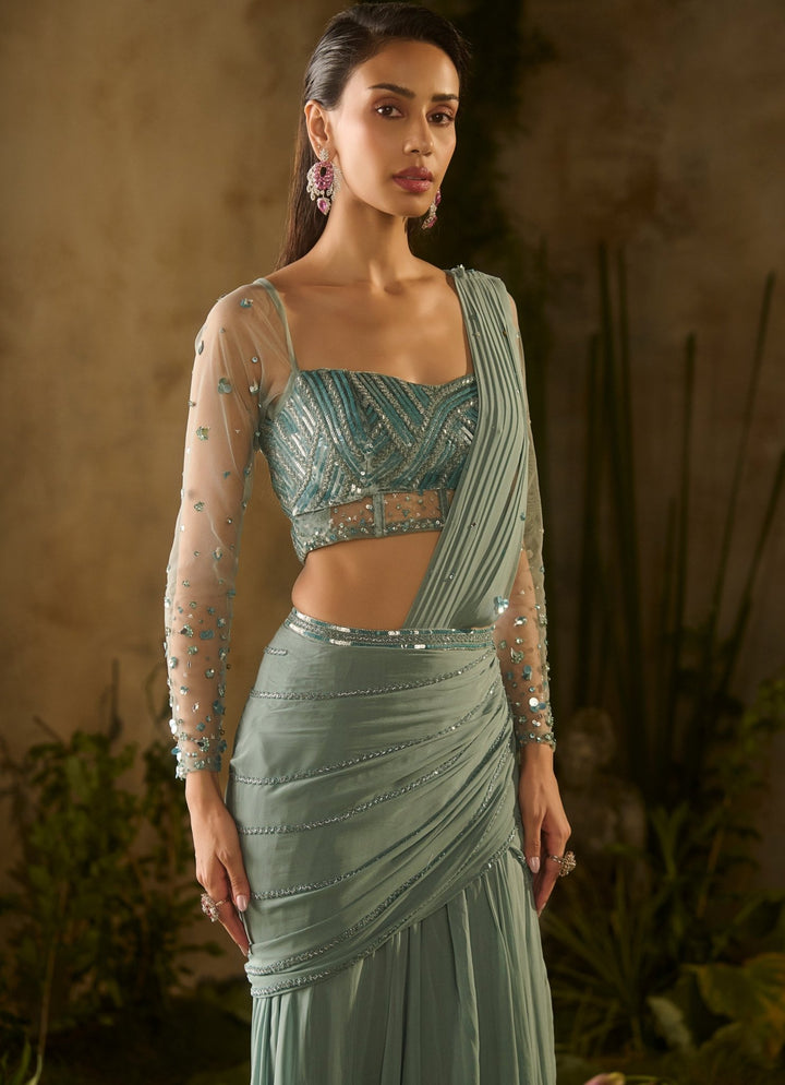 Sea Green Georgette Predraped Sequinned Saree Parul Gandhi - Fabilicious Fashion
