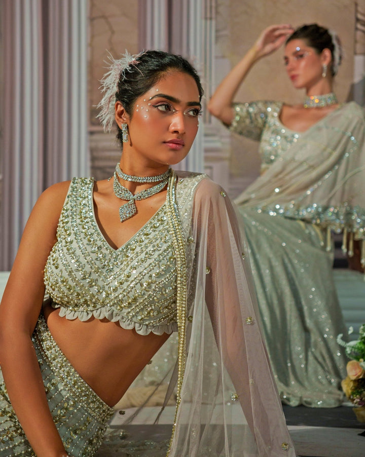 Silver Grey Embroidered Georgette Fish Cut Lehenga Nidhika Shekhar - Fabilicious Fashion