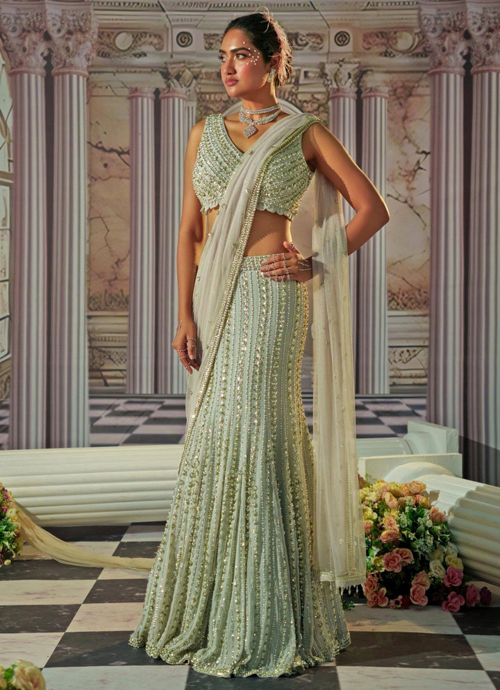 Silver Grey Embroidered Georgette Fish Cut Lehenga Nidhika Shekhar - Fabilicious Fashion