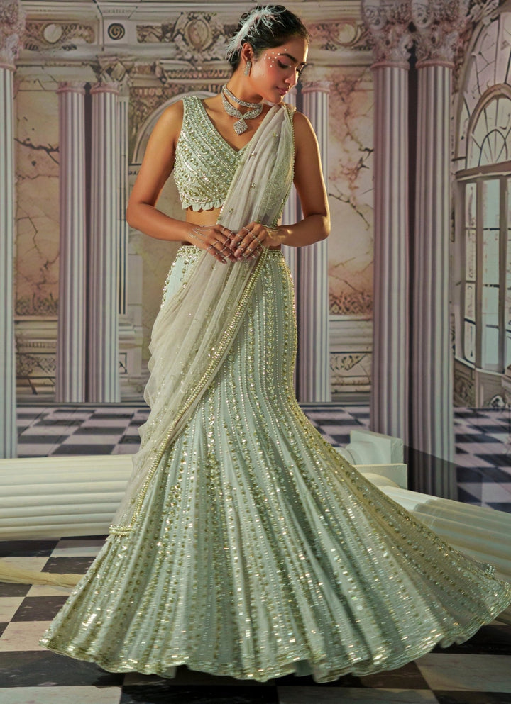 Silver Grey Embroidered Georgette Fish Cut Lehenga Nidhika Shekhar - Fabilicious Fashion