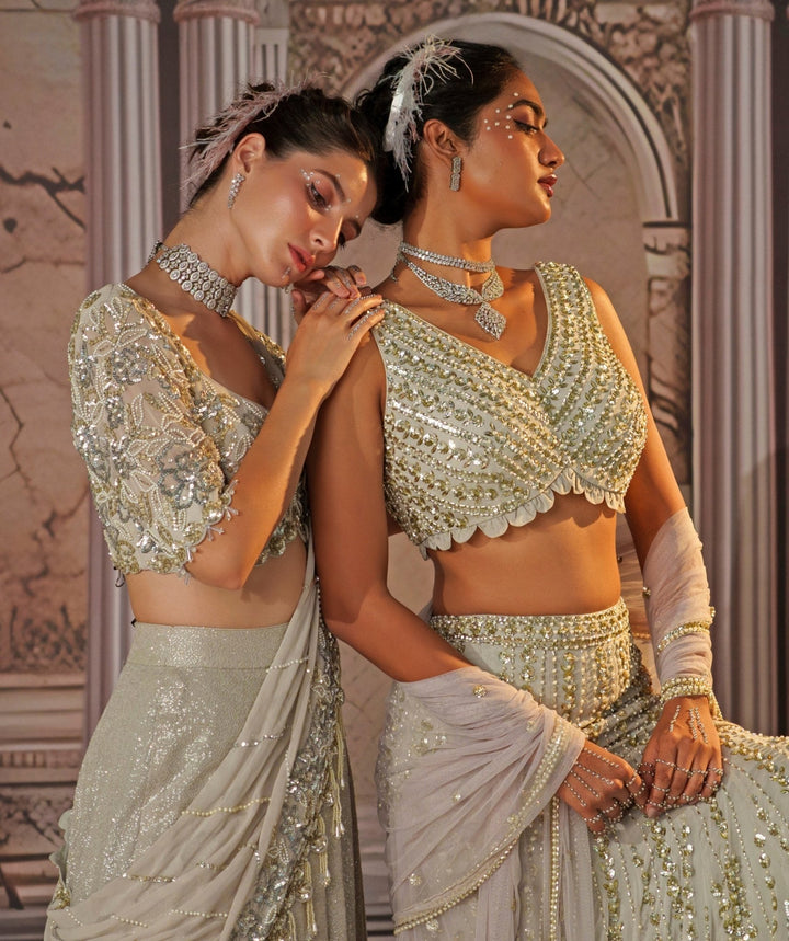 Silver Grey Embroidered Georgette Fish Cut Lehenga Nidhika Shekhar - Fabilicious Fashion