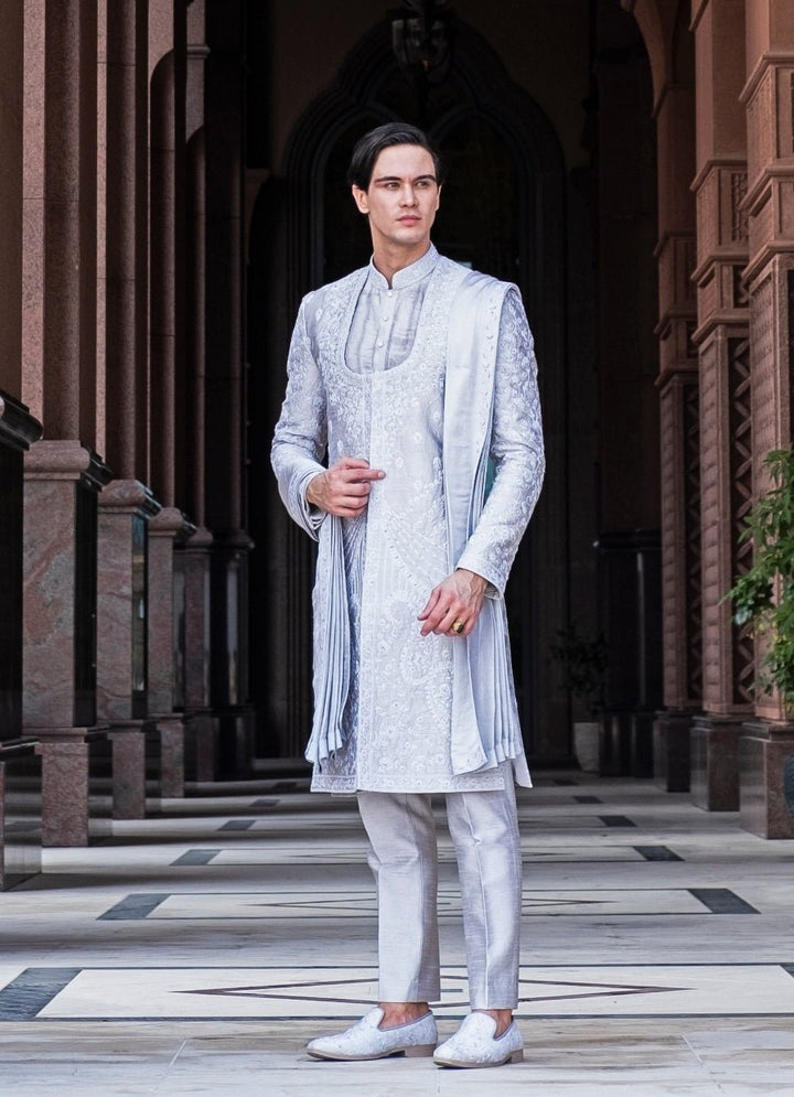 Silver Grey Embroidered Silk Sherwani Set With Dupatta Jigar and Nikita - Fabilicious Fashion