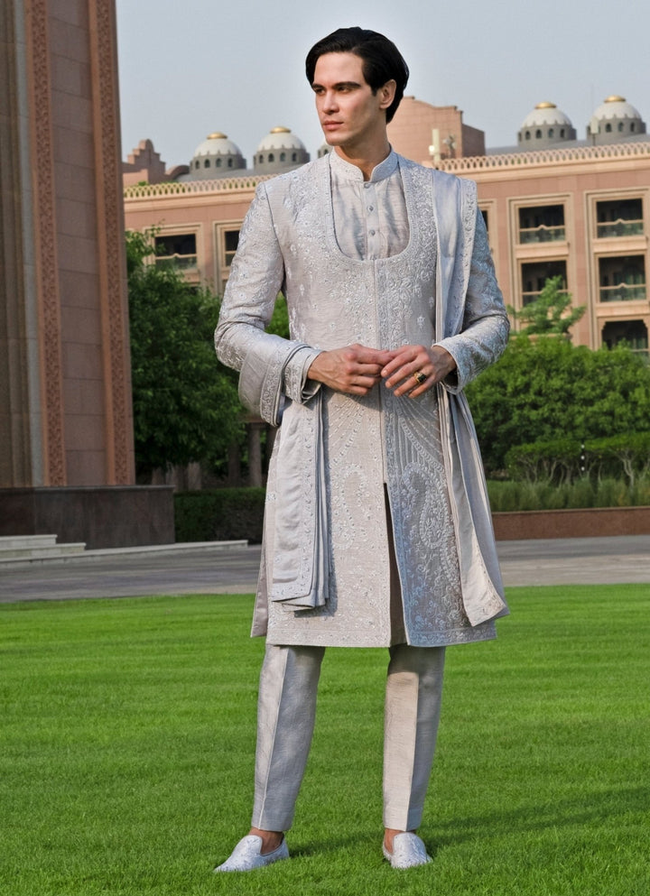 Silver Grey Embroidered Silk Sherwani Set With Dupatta Jigar and Nikita - Fabilicious Fashion