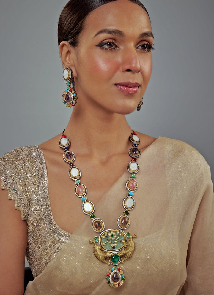 Silver Plated Multi Kundan And Polki Long Necklace Set Vivinia by Vidhi Mehra - Fabilicious Fashion