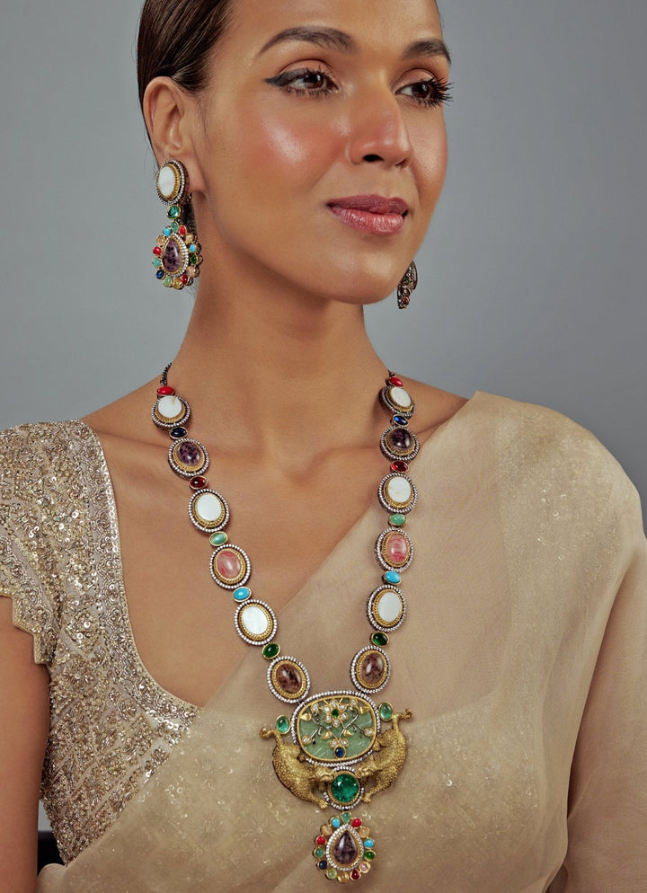 Silver Plated Multi Kundan And Polki Long Necklace Set Vivinia by Vidhi Mehra - Fabilicious Fashion