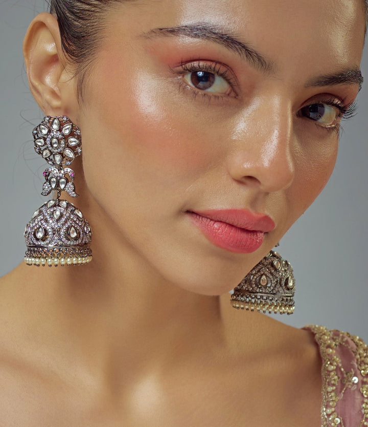 Silver Plated Zircon Jhumkas Earrings Vivinia by Vidhi Mehra - Fabilicious Fashion