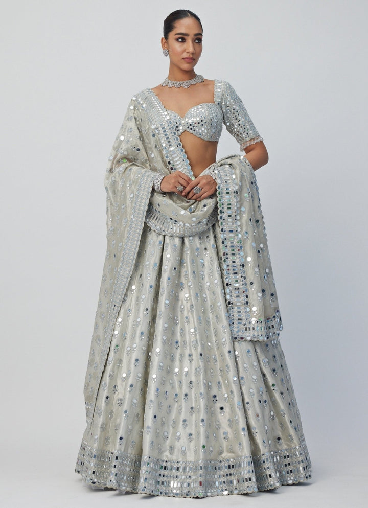 Silver Shimmer Mirror Embroidered Organza Lehenga With Classic Blouse Vvani By Vani Vats - Fabilicious Fashion
