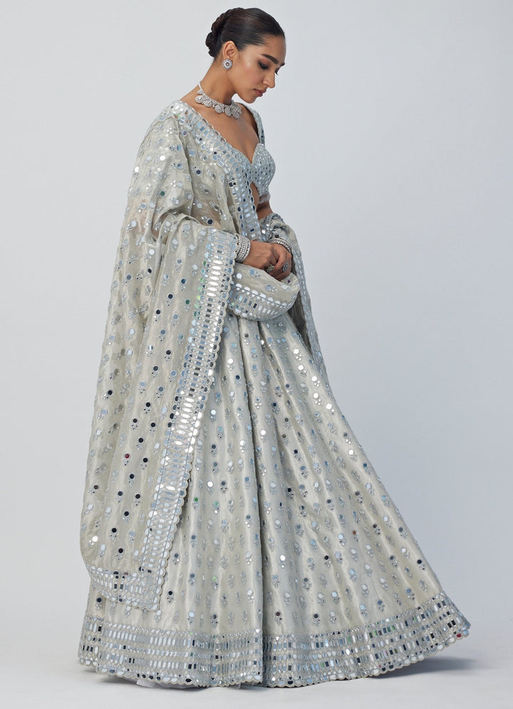Silver Shimmer Mirror Embroidered Organza Lehenga With Classic Blouse Vvani By Vani Vats - Fabilicious Fashion