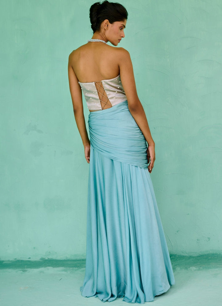 Sky Blue Chiffon Drape Skirt Set Chamee and Palak - Fabilicious Fashion