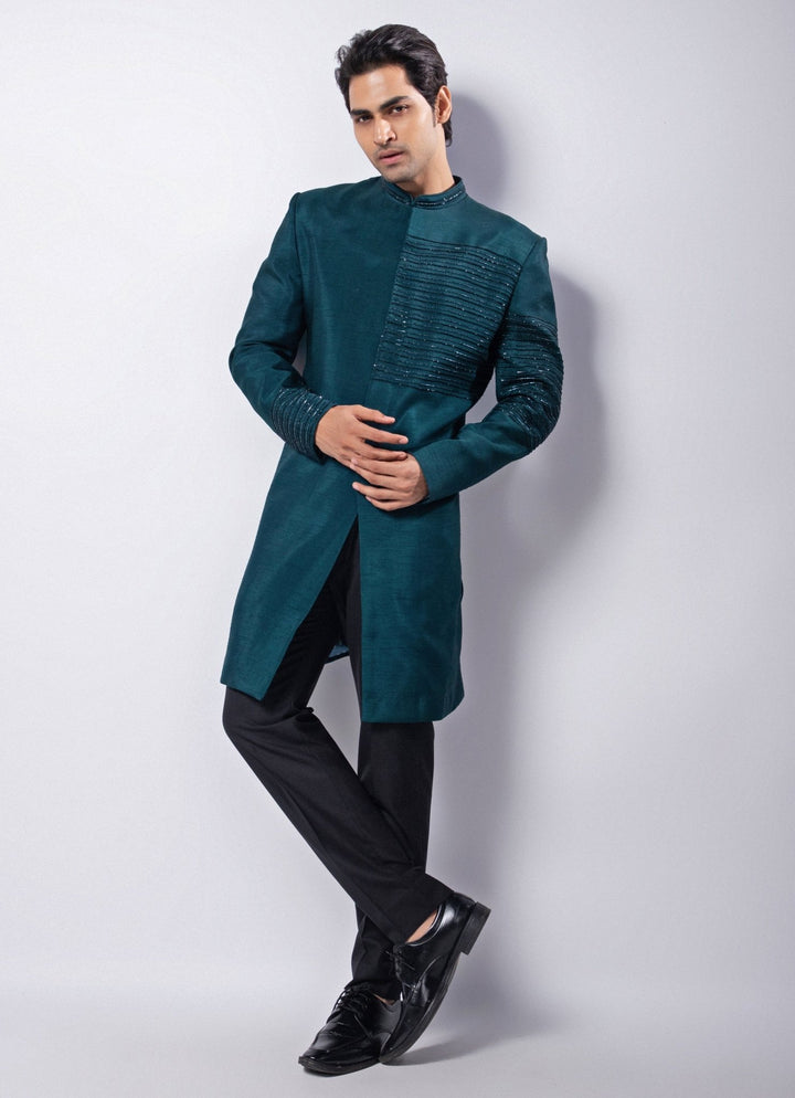 Teal Blue Embroidered Silk Bandhgala Pant Set Smriti - Fabilicious Fashion