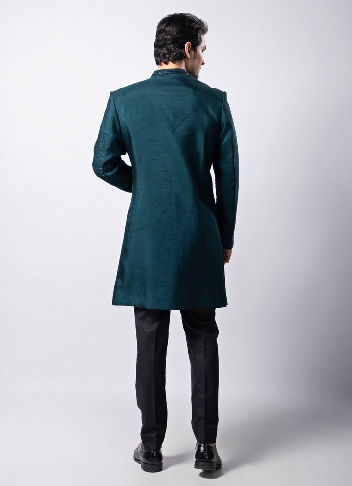 Teal Blue Embroidered Silk Bandhgala Pant Set Smriti - Fabilicious Fashion