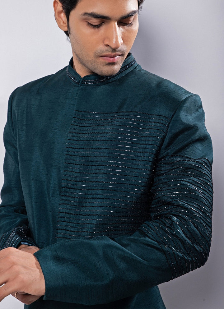 Teal Blue Embroidered Silk Bandhgala Pant Set Smriti - Fabilicious Fashion