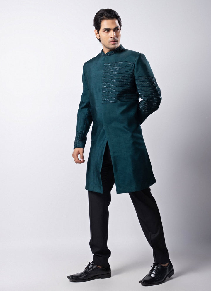 Teal Blue Embroidered Silk Bandhgala Pant Set Smriti - Fabilicious Fashion