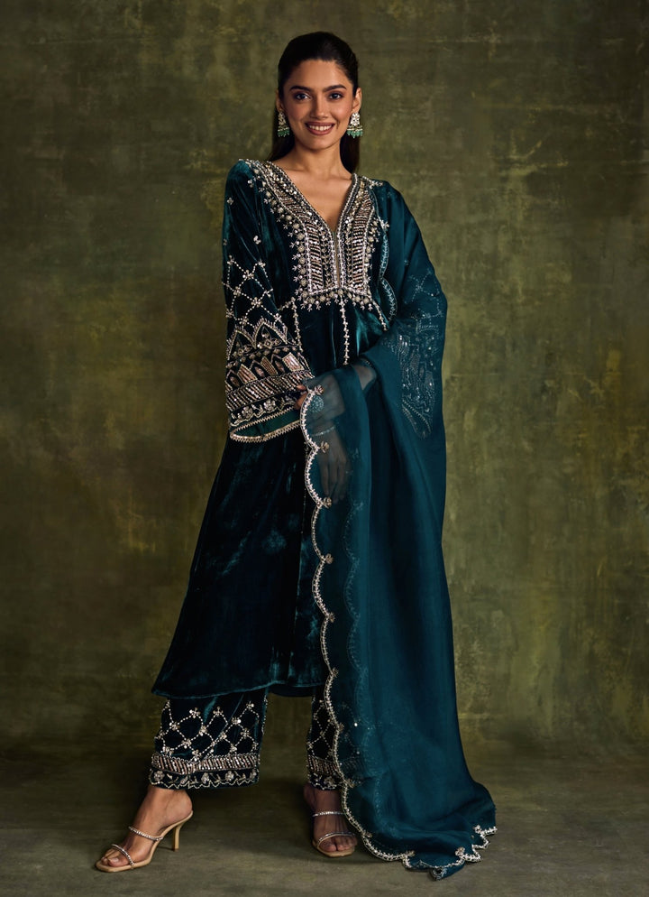 Teal Blue Velvet Embroidered Kurta Pants Set Sanya Gulati - Fabilicious Fashion